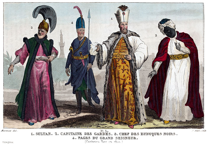 Sultan de Turquie et sa garde en costume traditionnels, en 1820 - Gravure  de Martinet reproduite puis restaurée par © Norbert Pousseur