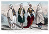 Riches couples d'algériens maures en costume traditionnels - Gravure  de 1840 reproduite puis restaurée par © Norbert Pousseur