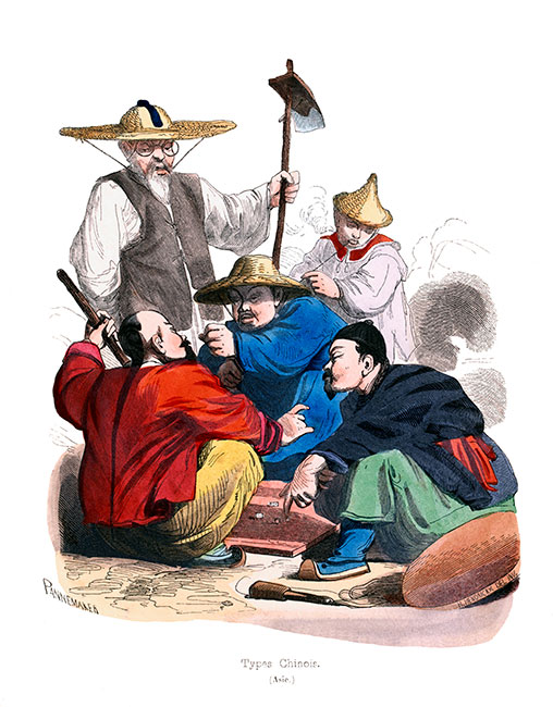 Chinois discutant autour d'un jeu de dés vers 1840 - Gravure de Pannemaker reproduite puis restaurée par © Norbert Pousseur