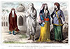 Vignette : Femmes iraniennes en costume traditionnels, vers 1850 - Gravure  de Demoraine reproduite puis restaurée par © Norbert Pousseur