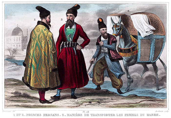 Princes perses et  dame transportée discrètement, vers 1850 - Gravure  de Demoraine reproduite puis restaurée par © Norbert Pousseur