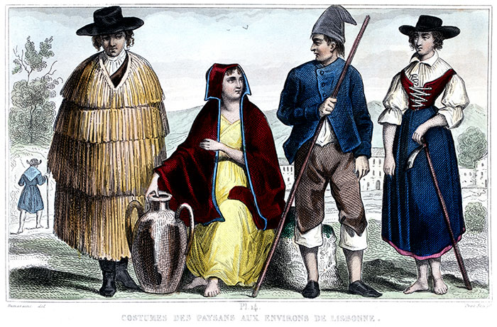 Trajes dos camponeses portugueses, cerca de 1850 - gravura por Demoraine reproduzida e restaurada por © Norbert Pousseur