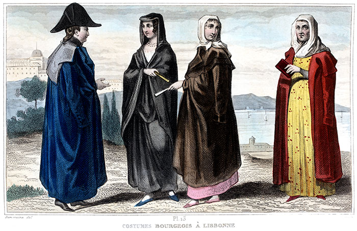 trajes burgueses portugueses, cerca de 1850 - gravura por Demoraine reproduzida e restaurada por © Norbert Pousseur