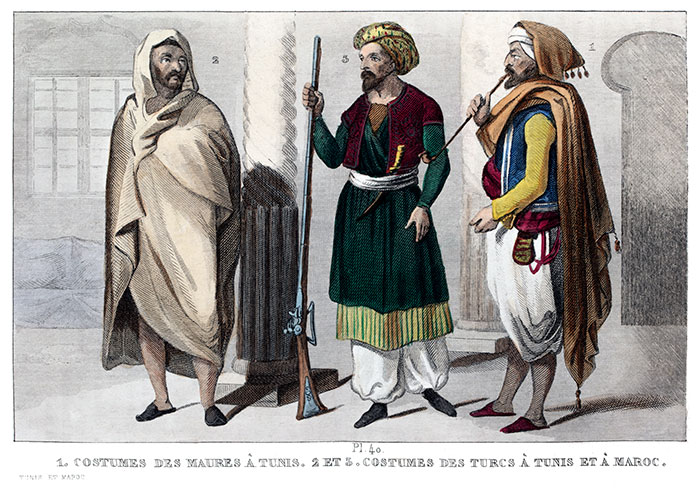 Maure et turcs à Tunis et au Maroc, en costume traditionnels - Gravure  de 1840 reproduite puis restaurée par © Norbert Pousseur