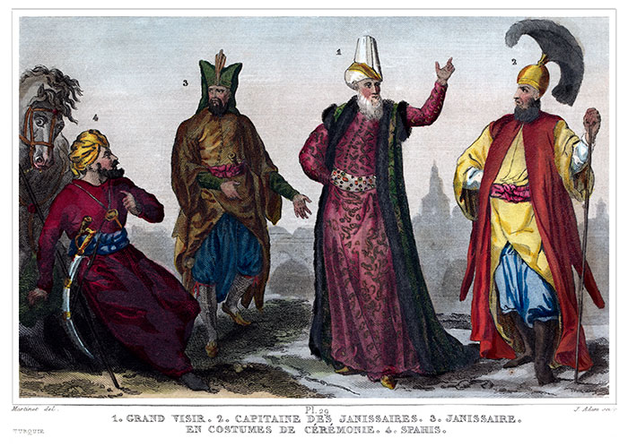 Vizir, janissaire et saphis turcs en costume traditionnels, en 1820 - Gravure  de Martinet reproduite puis restaurée par © Norbert Pousseur
