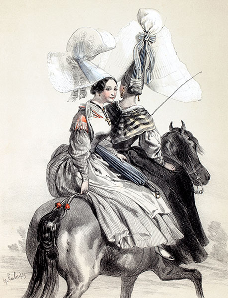 Jeunes filles à cheval d'Avranches, gravure de Lalaisse - Reproduction © Norbert Pousseur
