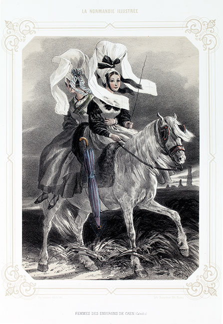 Femmes à cheval près de Caen, gravure de Lalaisse - Gravure  reproduite puis restaurée par © Norbert Pousseur