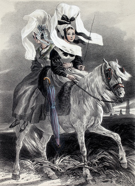 Femmes à cheval près de Caen, gravure de Lalaisse - Reproduction © Norbert Pousseur