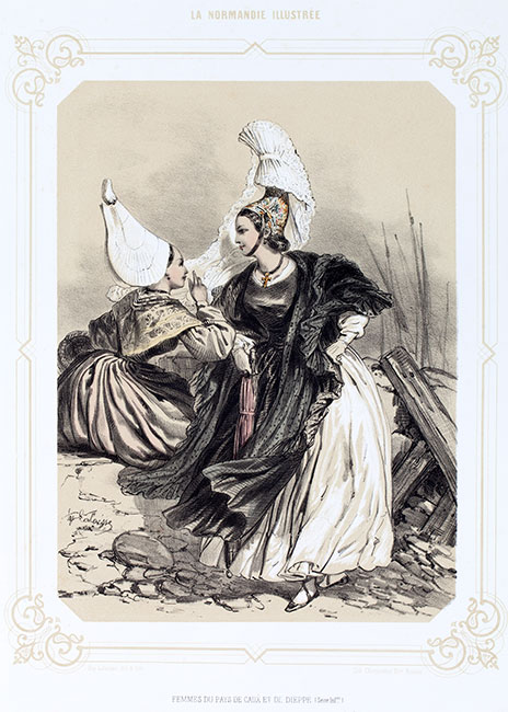 Jeunes filles de Caux et Dieppe  en costume traditionel, gravure de Lalaisse - Gravure  reproduite puis restaurée par © Norbert Pousseur