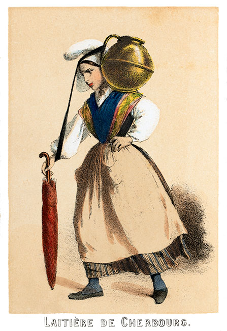 Laitière de Cherbourg en Basse Normandie  en costume traditionel de 1850 - Gravure  reproduite puis restaurée par © Norbert Pousseur