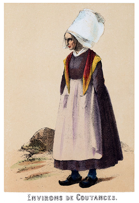 Vieille femme à la grande coiffe des environs de Coutances en costume traditionel - Gravure  reproduite puis restaurée par © Norbert Pousseur