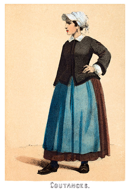 Jeune femme au tablier de Coutances en costume traditionel - Gravure  reproduite puis restaurée par © Norbert Pousseur