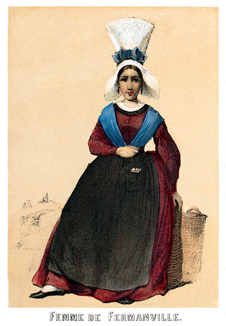 Femme de Fermanville en Basse Normandie  en costume traditionel de 1850 - Gravure  reproduite puis restaurée par © Norbert Pousseur