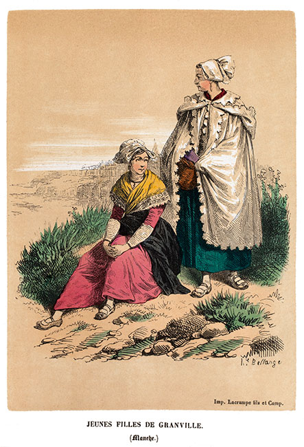 Jeunes normandes de Granville en costume traditionel de 1760 - Gravure  reproduite puis restaurée par © Norbert Pousseur