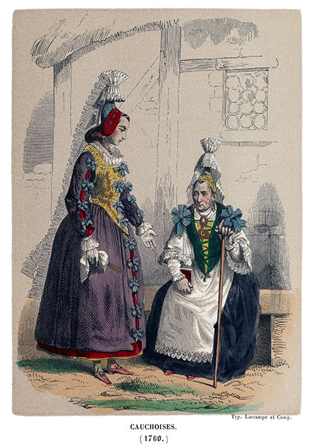 Normandes de Caux en costume traditionel de 1760 - Gravure  reproduite puis restaurée par © Norbert Pousseur