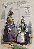 Normandes de Caux en costume traditionel de 1760 - Gravure  reproduite puis restaurée par © Norbert Pousseur