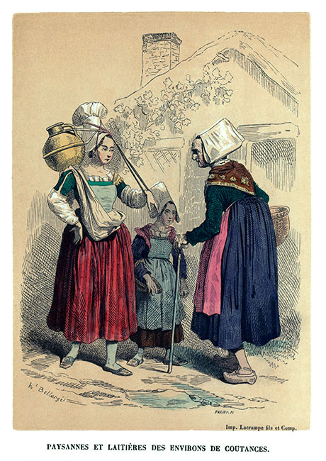 Paysannes normandes de Coutances en costume traditionel - Gravure  reproduite puis restaurée par © Norbert Pousseur