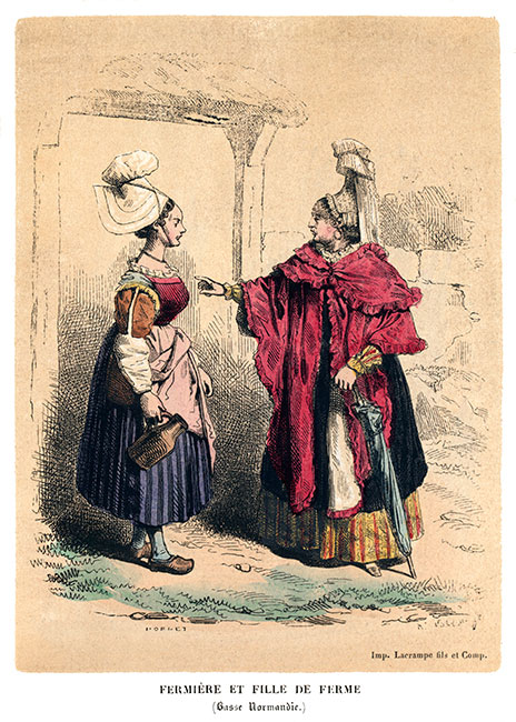 Fermières de Basse Normandie  en costume traditionel vers 1840 - Gravure  reproduite puis restaurée par © Norbert Pousseur