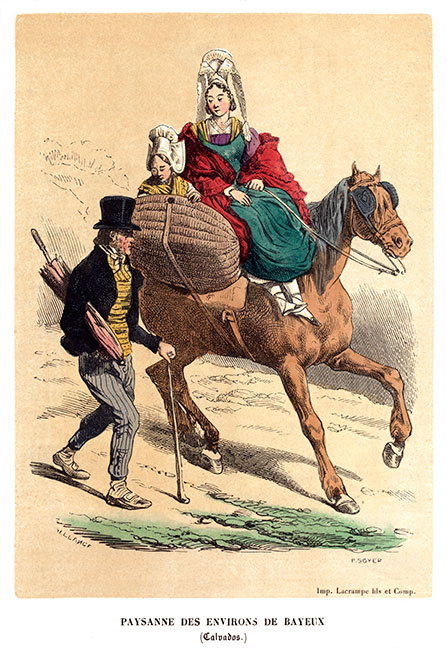 Famille normande de Bayeux en costume traditionel - Gravure  reproduite puis restaurée par © Norbert Pousseur