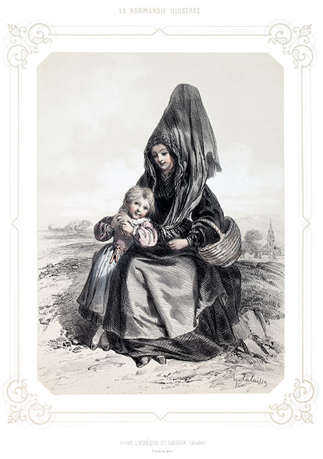Femme en deuil de Lisieux  en costume traditionel, gravure de Lalaisse - Gravure  reproduite puis restaurée par © Norbert Pousseur