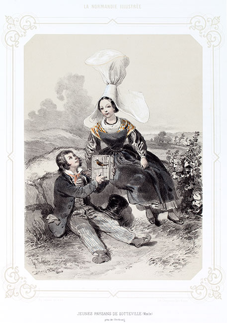 Couple de jeunes gens de Sotteville en costume traditionel, gravure de Lalaisse - Gravure  reproduite puis restaurée par © Norbert Pousseur