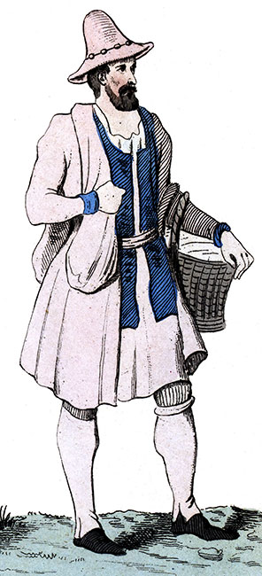 Paysan au 16ème siècle, - Costumes de France - Gravure  reproduite puis restaurée par © Norbert Pousseur
