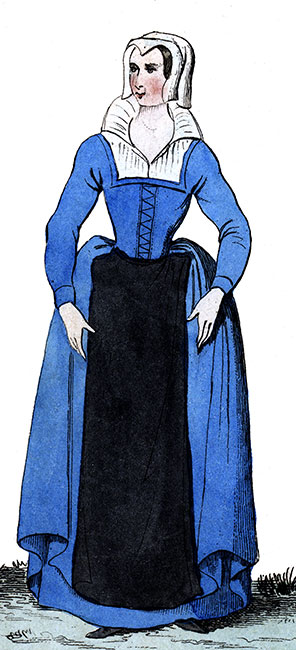Paysanne au 16ème siècle, - Costumes de France - Gravure  reproduite puis restaurée par © Norbert Pousseur