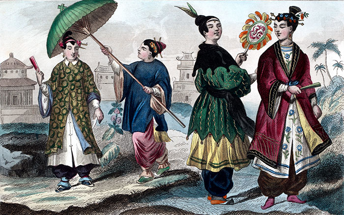 Dames chinoises en promenade, vers 1850 - Gravure  de Demoraine reproduite puis restaurée par © Norbert Pousseur