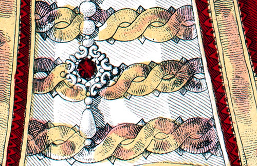 Galons sur la jupe d'une dame de la Cour de Fran&ccedil;ois Ier, gravure  de Louis-Marie Lante, reproduite puis restaur&eacute;e par &copy; Norbert Pousseur avec &eacute;ventail- Gravure  reproduite puis restaur&eacute;e par &copy; Norbert Pousseur