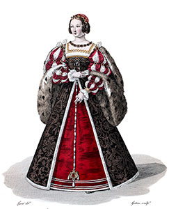 Vignette : Eléonore d'Autriche coiffée de nattes, dites oreilletes - Gravure  de Lanté reproduite puis restaurée par © Norbert Pousseur