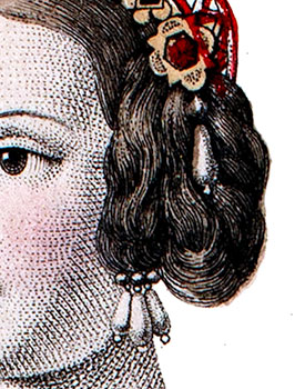 Nattes nommées oreillettes de la coiffure d'Eléonore d'Autriche - Gravure  de Lanté reproduite puis restaurée par © Norbert Pousseur