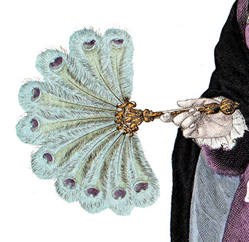 Eventail à grandes plumes sous François Ier - détail de gravure reproduite puis restaurée numériquement par © Norbert Pousseur