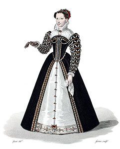 Vignette : Marguerite de Valois avec une paire de gants - Gravure  reproduite puis restaurée par © Norbert Pousseur