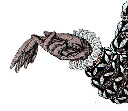 Paire de gant de ville tenu par Marguerite de Valois - détail de gravure reproduite par © Norbert Pousseur Paire de gant de ville tenu par Marguerite de Valois - détail de gravure reproduite par © Norbert Pousseur