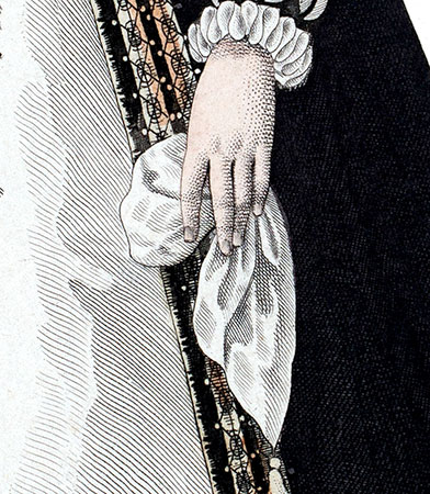 Mouchoir dans la main de Marguerite de Valois - détail de gravure  reproduite puis restaurée par © Norbert Pousseur