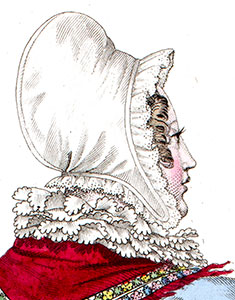 Bonnet port&eacute; par une ling&egrave;re en 1820 - d&eacute;tail de gravure restaur&eacute;e par &copy; Norbert Pousseur