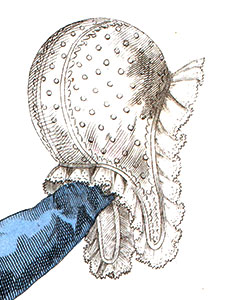 Bonnet blanc f&eacute;minin &agrave; petit poids vendu en 1820 - d&eacute;tail de gravure restaur&eacute;e par &copy; Norbert Pousseur