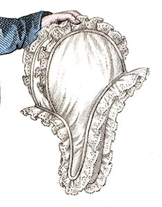Bonnet f&eacute;minin, blanc et simple   vendu en 1820 - d&eacute;tail de gravure restaur&eacute;e par &copy; Norbert Pousseur