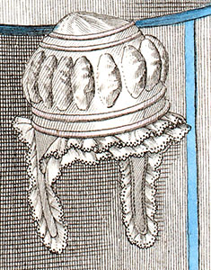 Bonnet f&eacute;minin, en forme de tonnelet, vendu en 1820 - d&eacute;tail de gravure restaur&eacute;e par &copy; Norbert Pousseur