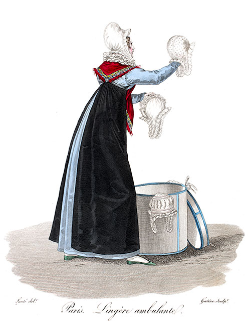 Ling&egrave;re ambulante &agrave; Paris vers 1810 - Gravure  reproduite puis restaur&eacute;e par &copy; Norbert Pousseur