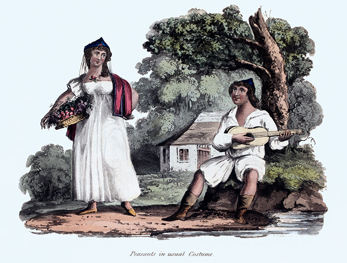 Couple de paysans avec guitare à Madère vers 1820  - gravure reproduite et restaurée par © Norbert Pousseur