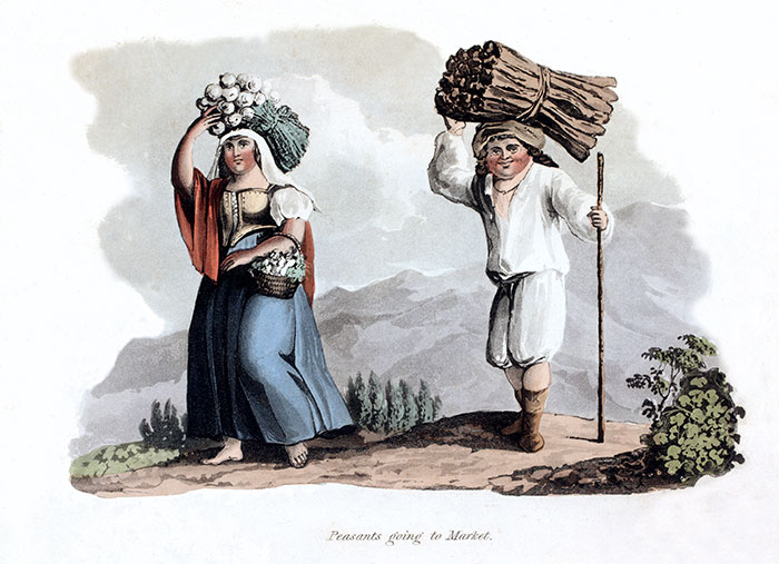 Paysans allant au marché à Madère vers 1820  - gravure reproduite et restaurée par © Norbert Pousseur
