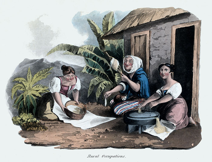 Women grinding corn  in Madeira around 1820 - engraving reproduced and restored by © Norbert Pousseur