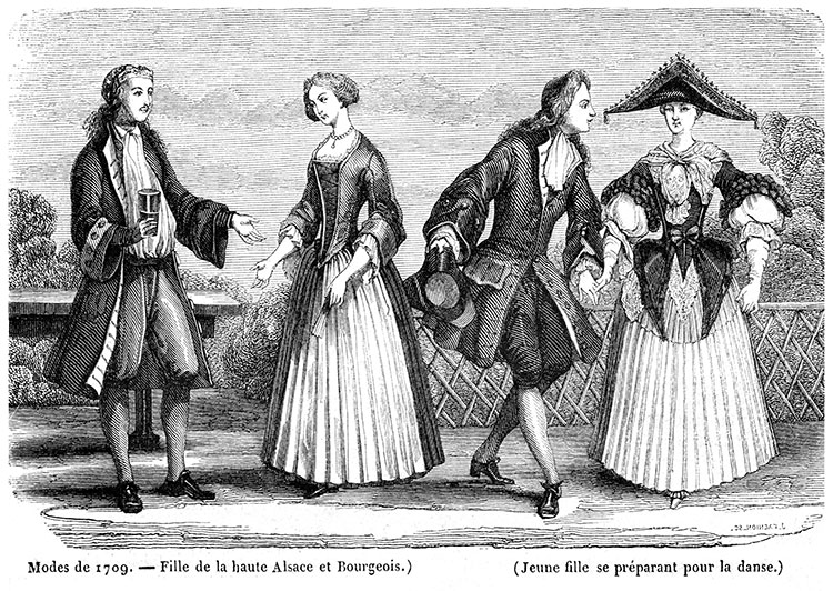Fille de la haute Alsace, Bourgeois et jeune fille se préparant pour la danse, tiré de dessin de 1700 - Gravure  reproduite et améliorée numériquement par © Norbert Pousseur