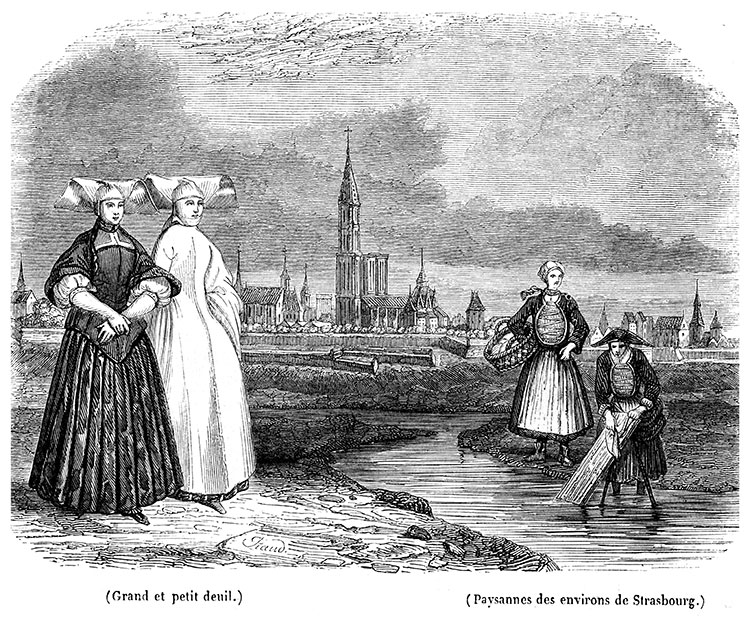 Grand et petit deuil, et Paysannes des environs de Strasbourg, tiré de dessin de 1700 - Gravure  reproduite et améliorée numériquement par © Norbert Pousseur