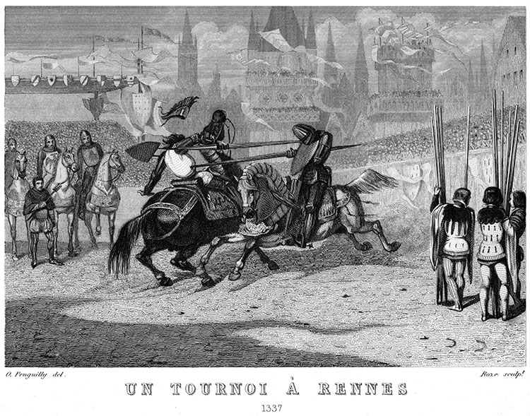 Un tournoi à Rennes, en 1337  - Gravure  reproduite puis restaurée par © Norbert Pousseur