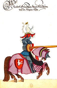 Tournoi : chevalier au heaume orné d'un aigle blanc - Gravure  conservée et reproduite par la  ©  BNF, puis restaurée numériquement par © Norbert Pousseur