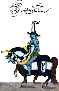 Tournoi : chevalier au heaume orné  d'un dragon - Gravure  conservée et reproduite par la  ©  BNF, puis restaurée numériquement par © Norbert Pousseur