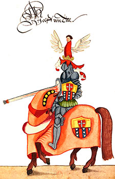 Tournoi : chevalier au heaume orné  d'un ange - Gravure  conservée et reproduite par la  ©  BNF, puis restaurée numériquement par © Norbert Pousseur