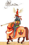 Zoom sur Tournoi : chevalier au heaume orné  d'un ange - Gravure  conservée et reproduite par la  ©  BNF, puis restaurée numériquement par © Norbert Pousseur